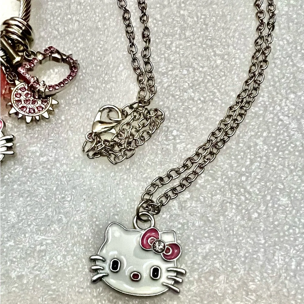 Hello Kitty Pink and Silver Charm Bracelet and Necklace Jewelry Set NIB